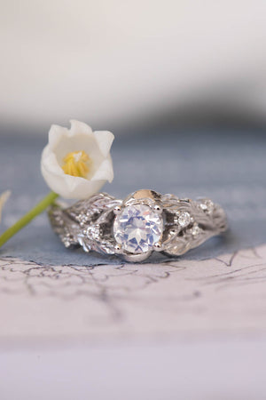 Moonstone white gold engagement ring, branch proposal ring with diamonds / Japanese Maple - Eden Garden Jewelry™