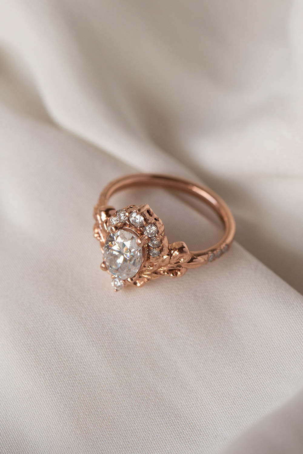 Oval moissanite and diamond halo engagement ring, gorgeous nature inspired rose gold ring with diamonds / Sophie - Eden Garden Jewelry™