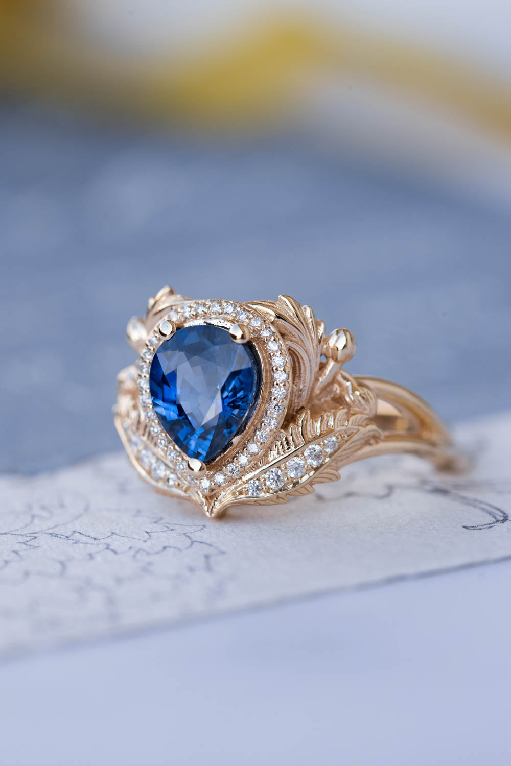Dark blue sapphire engagement ring, gold ring with diamond halo / Adonis halo - Eden Garden Jewelry™