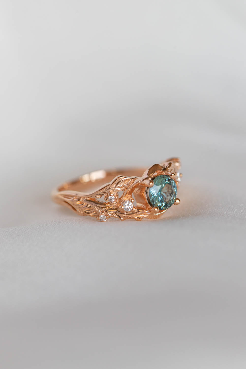 Genuine teal sapphire engagement ring, leaf and diamonds promise ring / Japanese Maple - Eden Garden Jewelry™