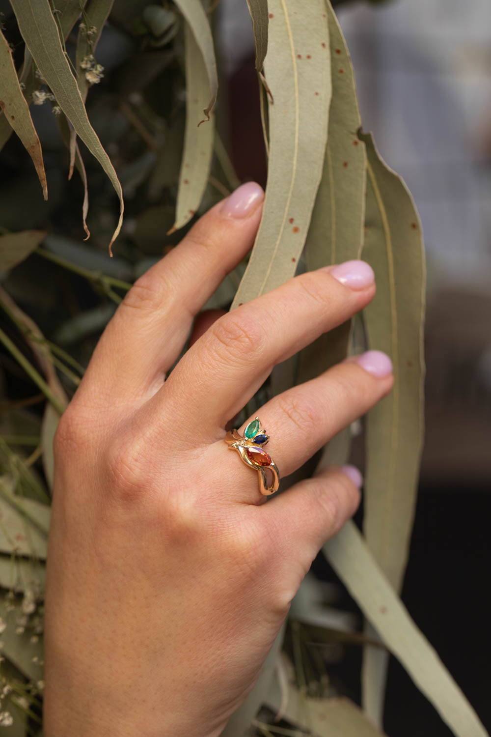 READY TO SHIP: Strelitzia ring in 14K yellow gold, natural emerald, natural orange and blue sapphires, RING SIZE - 7 US - Eden Garden Jewelry™