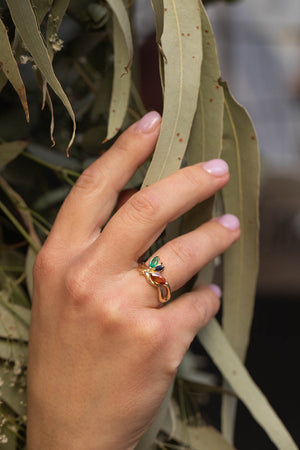 READY TO SHIP: Strelitzia ring in 14K yellow gold, natural emerald, natural orange and blue sapphires, RING SIZE - 7 US - Eden Garden Jewelry™