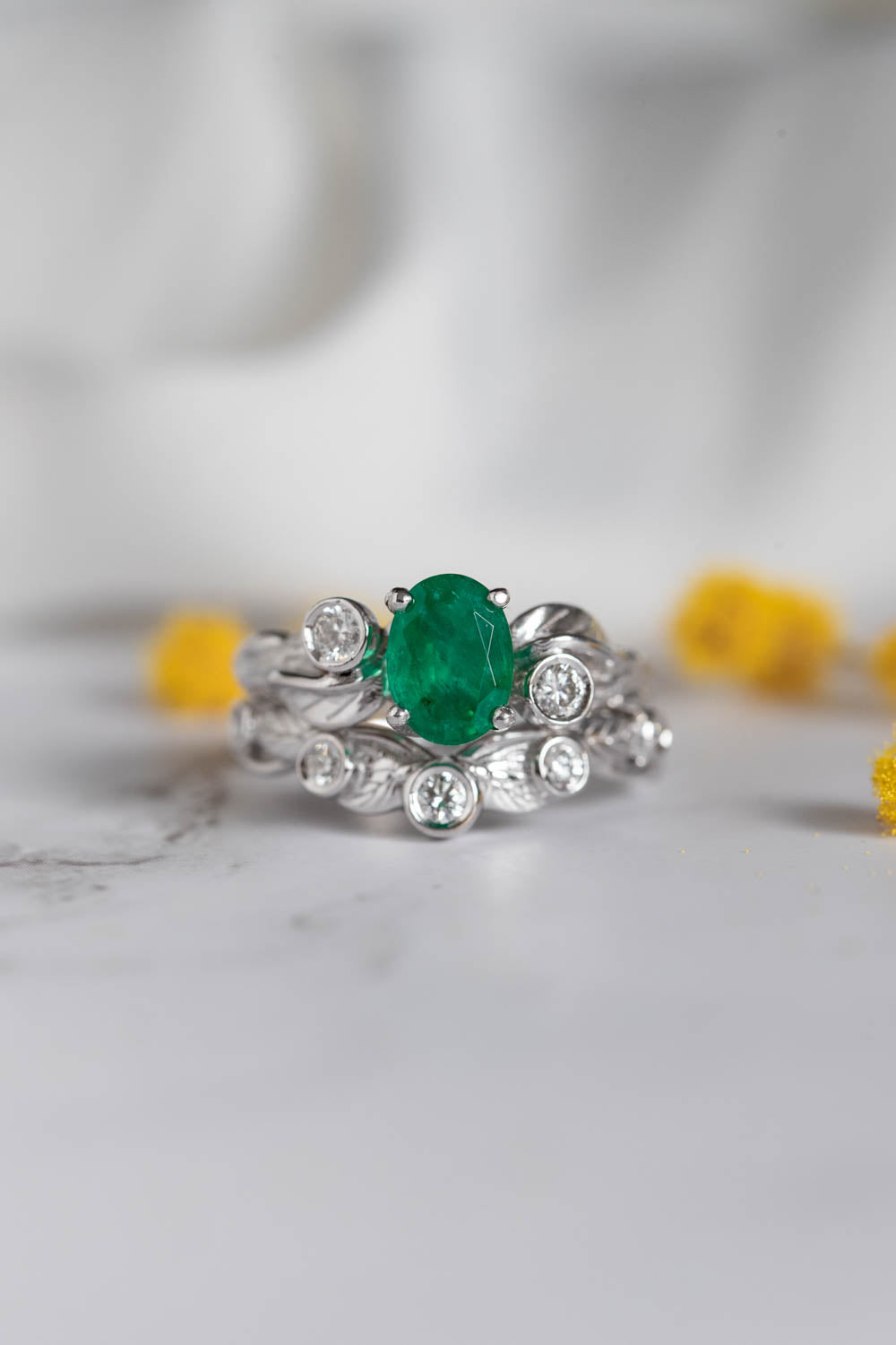 Emerald engagement ring with diamonds, white gold branch engagement ring / Arius - Eden Garden Jewelry™