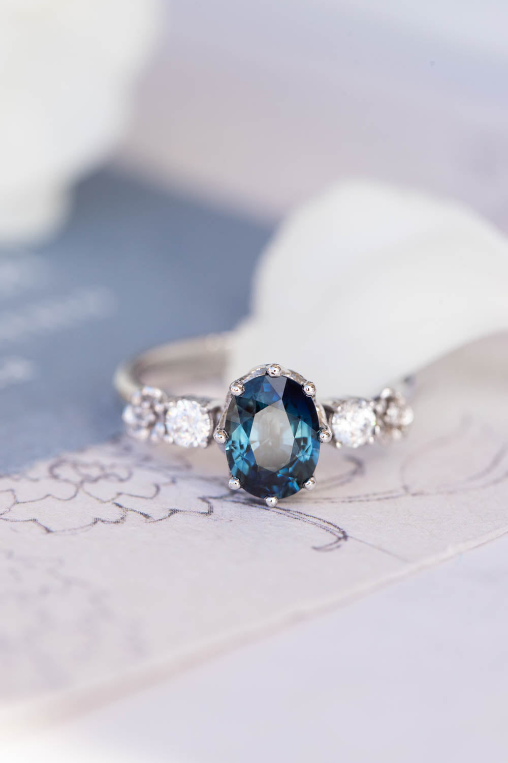 Natural teal sapphire engagement ring, white gold engagement ring with diamonds / Fiorella - Eden Garden Jewelry™