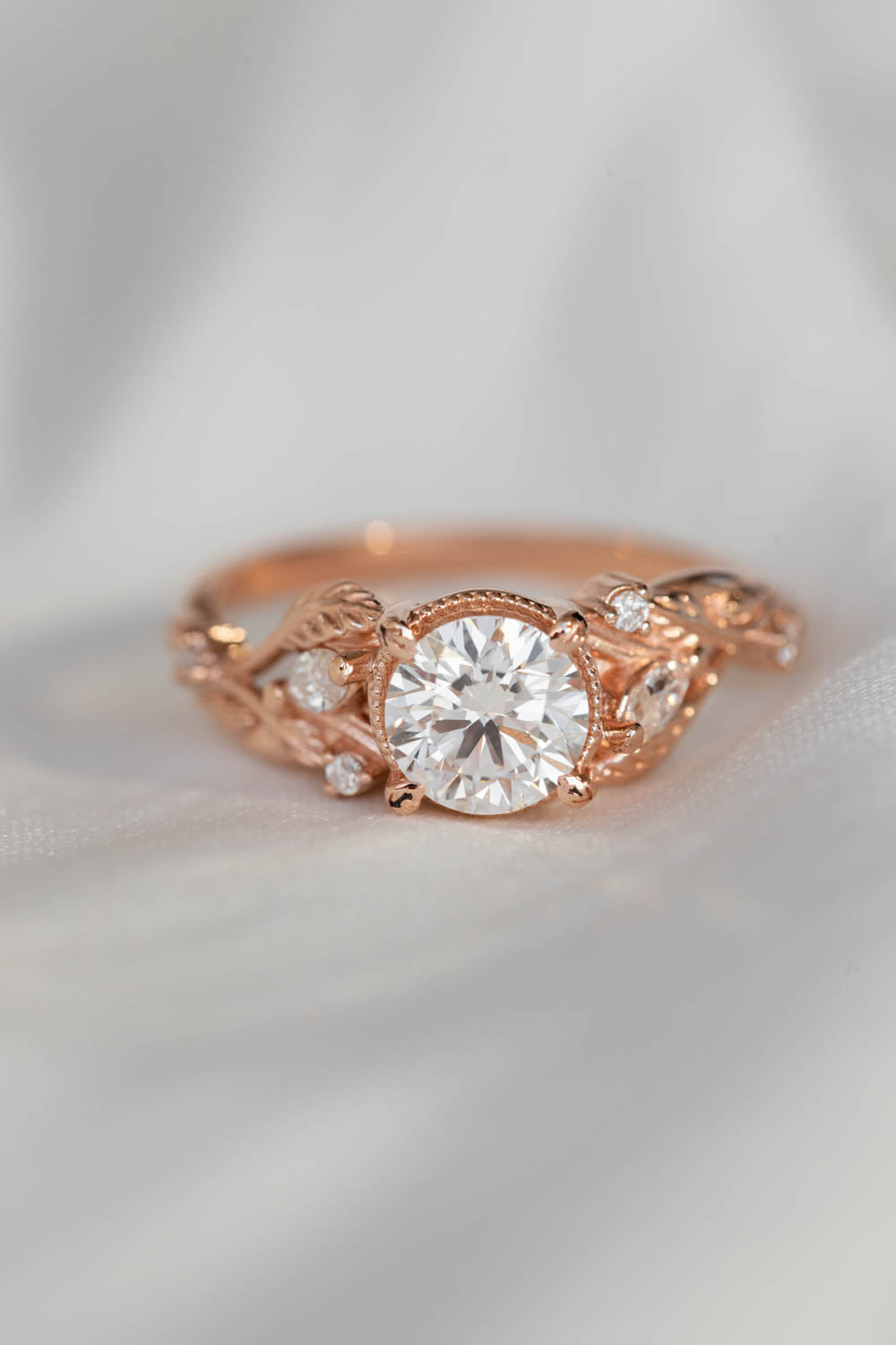 1 carat moissanite engagement ring, rose gold ring with leaves and diamonds / Patricia - Eden Garden Jewelry™
