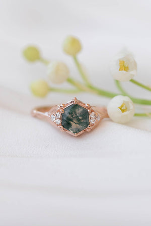 Moss agate engagement ring, gold leaves proposal ring with diamonds / Roma - Eden Garden Jewelry™