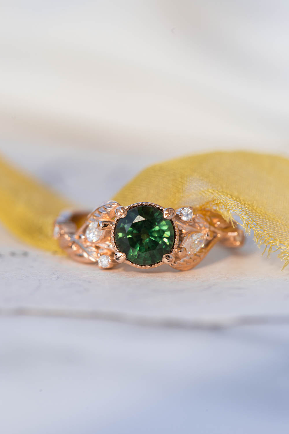 Natural green sapphire engagement ring, rose gold proposal ring with leaves and diamonds / Patricia - Eden Garden Jewelry™