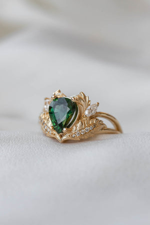 Natural sapphire gold leaf engagement ring, pear green gemstone ring with diamonds / Adonis - Eden Garden Jewelry™