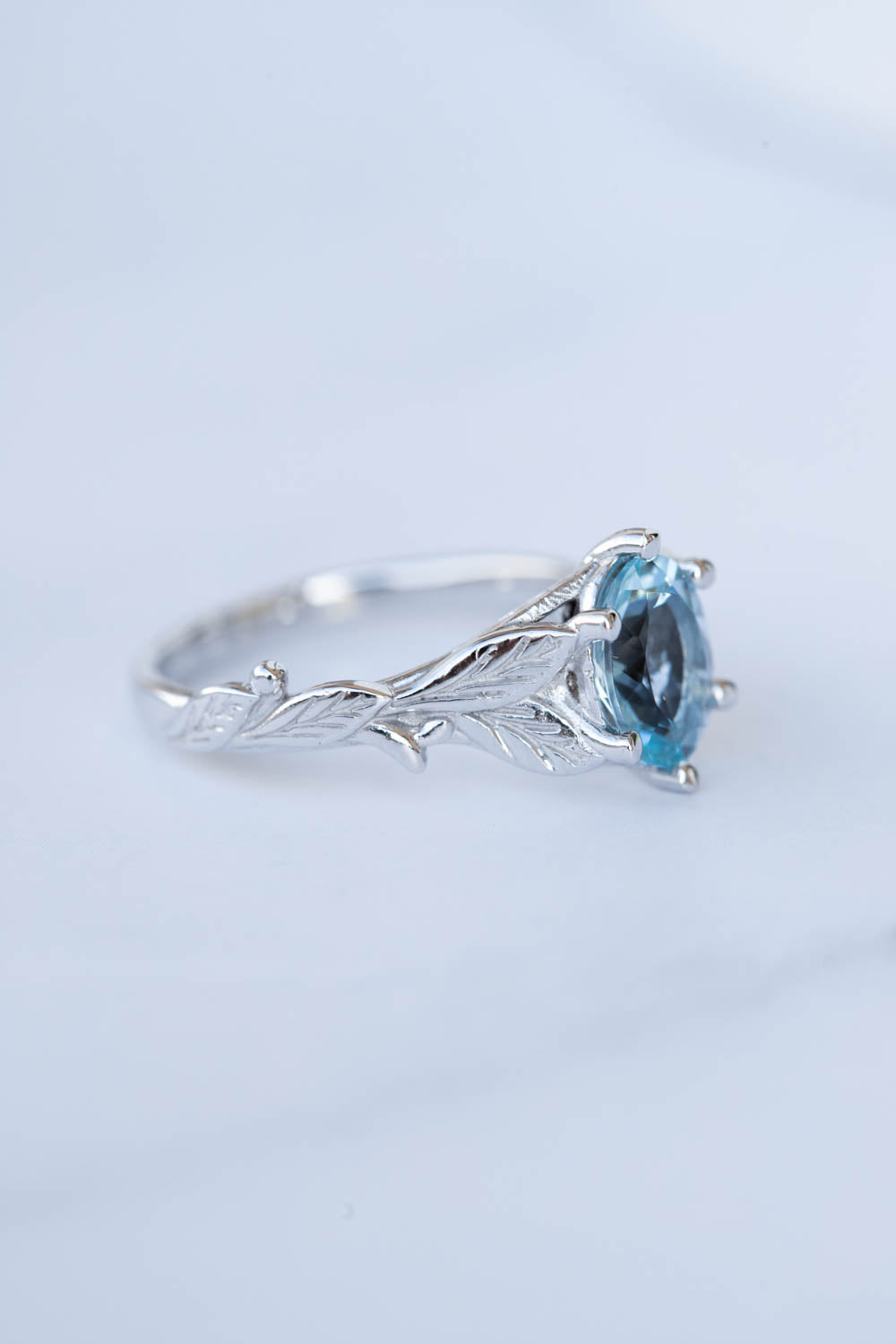 Aquamarine gold engagement ring, white gold leaves promise ring / Freesia - Eden Garden Jewelry™