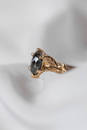 Salt and pepper diamond engagement ring, gold leaves engagement ring / Freesia - Eden Garden Jewelry™
