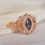 Diamond halo and marquise alexandrite engagement ring, rose gold oak leaf engagement ring / Dair - Eden Garden Jewelry™
