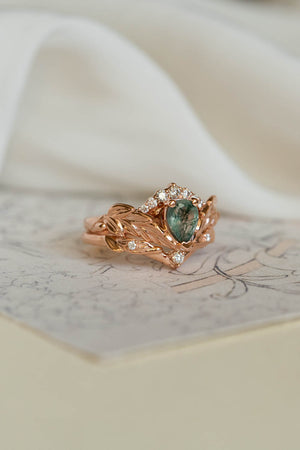 Diamond crown engagement ring set with natural moss agate / Palmira Crown - Eden Garden Jewelry™