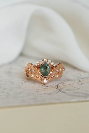 Diamond crown engagement ring set with natural moss agate / Palmira Crown - Eden Garden Jewelry™