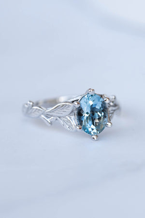 Aquamarine gold engagement ring, white gold leaves promise ring / Freesia - Eden Garden Jewelry™
