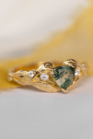 Trillion moss agate engagement ring, gold leaves and diamonds ring / Clematis - Eden Garden Jewelry™