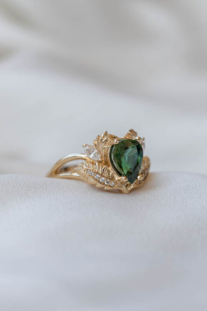 Natural sapphire gold leaf engagement ring, pear green gemstone ring with diamonds / Adonis - Eden Garden Jewelry™