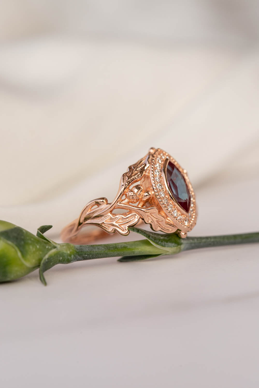 Diamond halo and marquise alexandrite engagement ring, rose gold oak leaf engagement ring / Dair - Eden Garden Jewelry™
