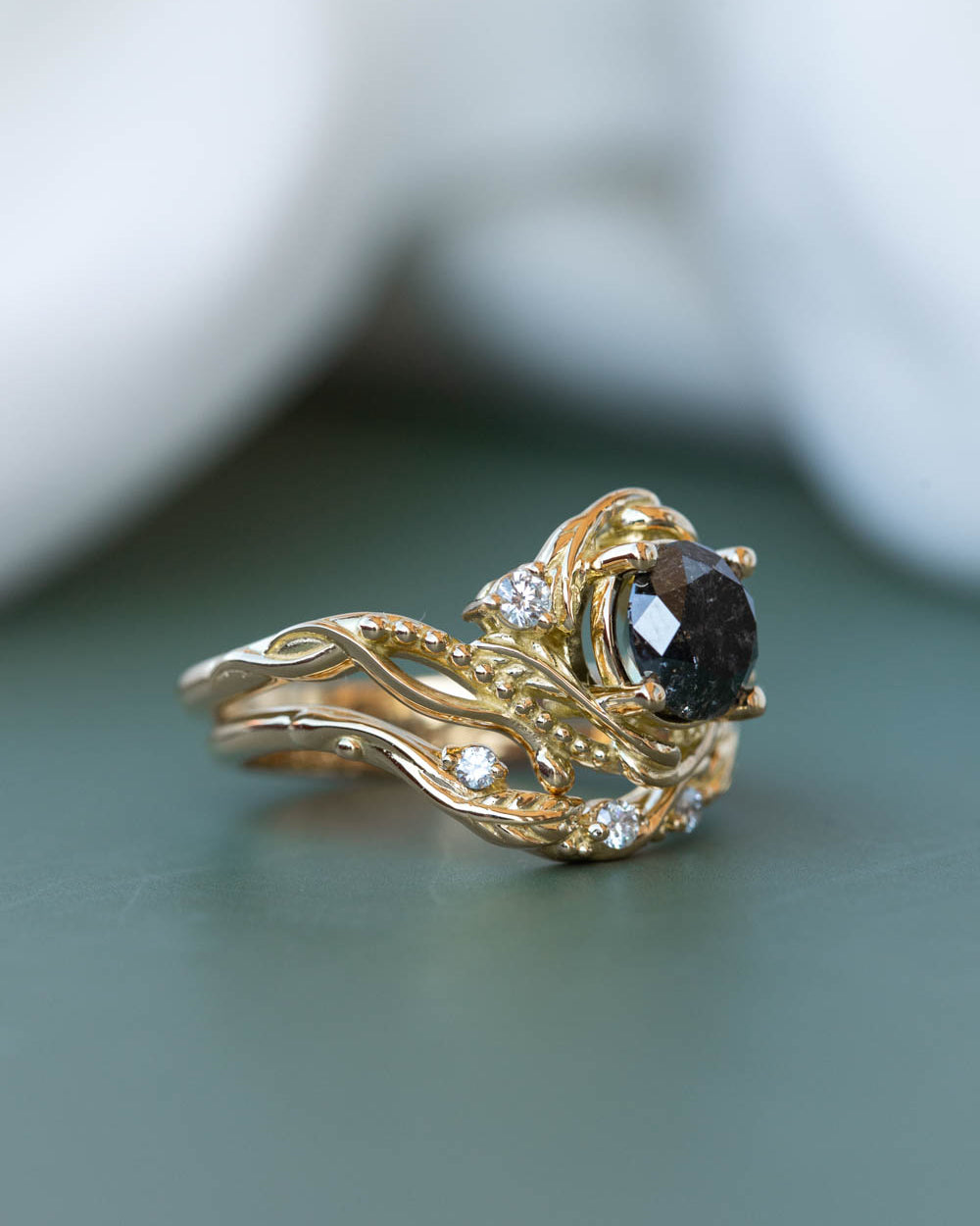Salt and pepper diamond engagement ring set, gold bridal ring set with diamonds / Undina - Eden Garden Jewelry™