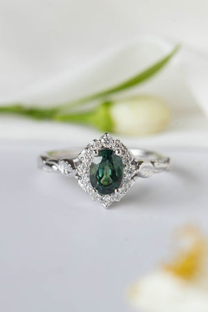 Genuine teal sapphire engagement ring, white gold engagement ring with diamond halo / Florentina - Eden Garden Jewelry™