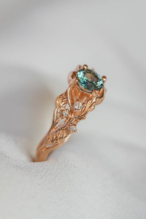 Genuine teal sapphire engagement ring, leaf and diamonds promise ring / Japanese Maple - Eden Garden Jewelry™