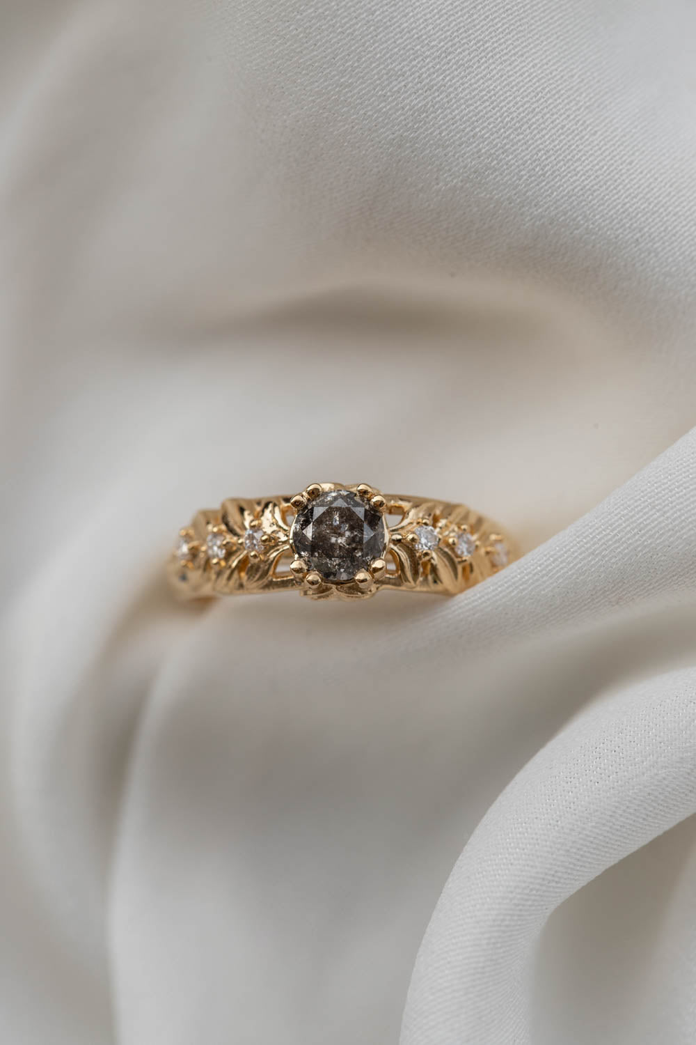 Salt and pepper diamond engagement ring, gold leaf engagement ring with diamonds / Silvestra - Eden Garden Jewelry™