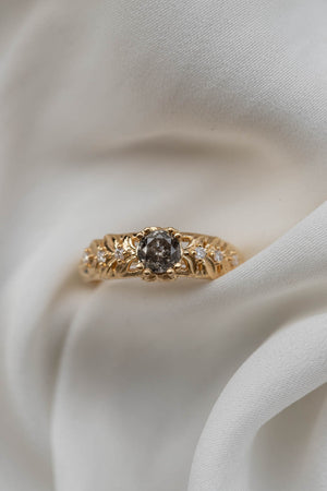 Salt and pepper diamond engagement ring, gold leaf engagement ring with diamonds / Silvestra - Eden Garden Jewelry™