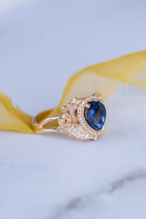 Dark blue sapphire engagement ring, gold ring with diamond halo / Adonis halo - Eden Garden Jewelry™
