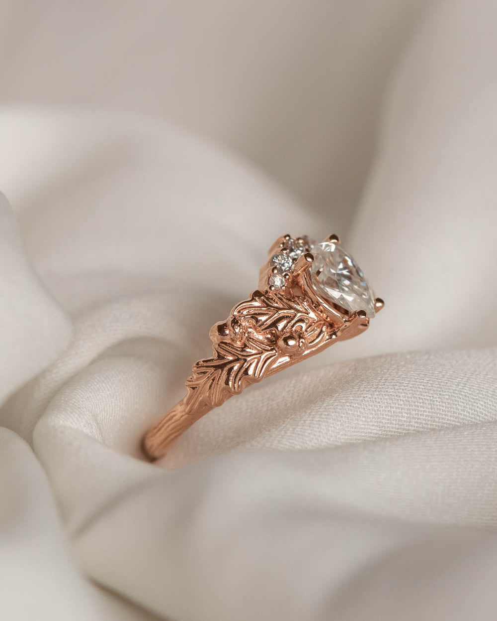 Oak leaves bridal ring set ring with pear moissanite, diamond engagement and wedding rings / Royal Oak - Eden Garden Jewelry™