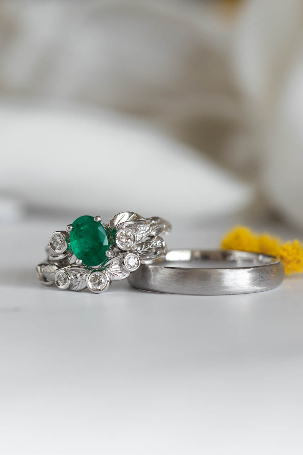 Wedding bands set for couple: white gold satin wedding band for him, Arius ring set with natural emerald for her - Eden Garden Jewelry™