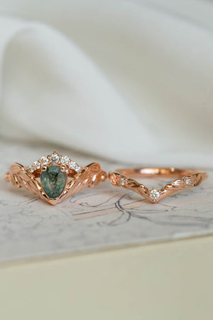 Natural moss agate rose gold engagement ring, crown shape ring with diamonds / Palmira Crown - Eden Garden Jewelry™