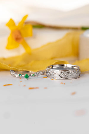 Wedding rings set for couple: white gold leaf ring for man, emeralds ring for woman - Eden Garden Jewelry™