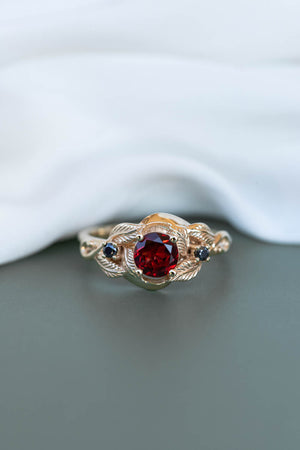 Natural garnet and black moissanites engagement ring, gold leaf proposal ring  / Azalea - Eden Garden Jewelry™