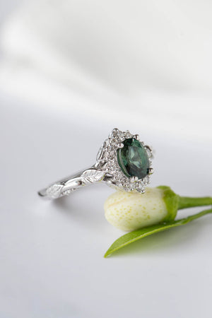 Genuine teal sapphire engagement ring, white gold engagement ring with diamond halo / Florentina - Eden Garden Jewelry™