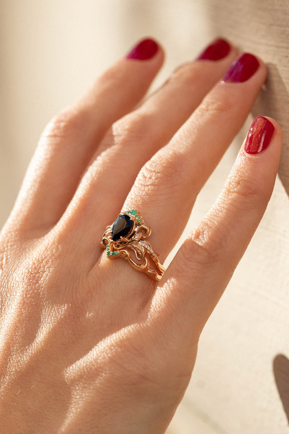 Fantasy engagement ring with black spinel, emeralds and diamonds /  Faunus - Eden Garden Jewelry™
