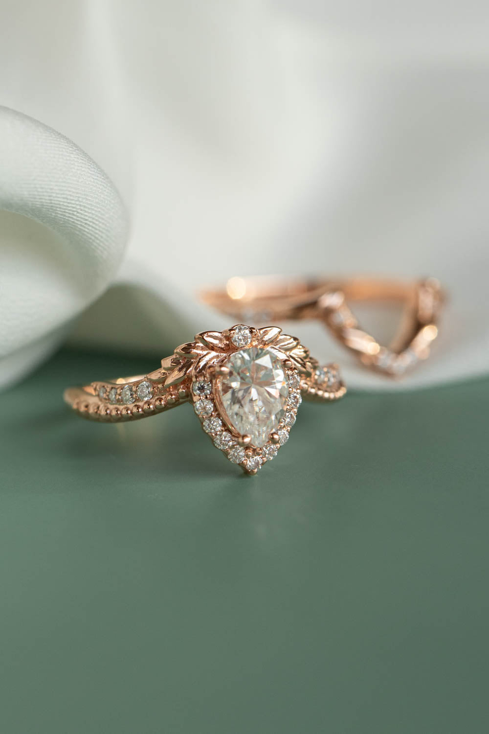 Vintage Style Pink and Green Gold Rose and Leaf Engagement Ring