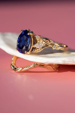 Dark blue lab sapphire engagement ring set, big pear gemstone bridal ring set / Patricia - Eden Garden Jewelry™