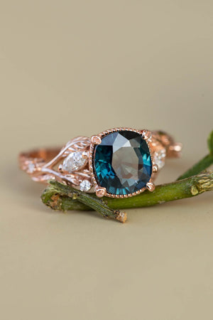 Cushion teal sapphire twig engagement ring, rose gold ring with leaves and diamonds / Patricia - Eden Garden Jewelry™