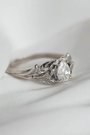 Pear lab grown diamond engagement ring, white gold leaf proposal ring / Wisteria - Eden Garden Jewelry™