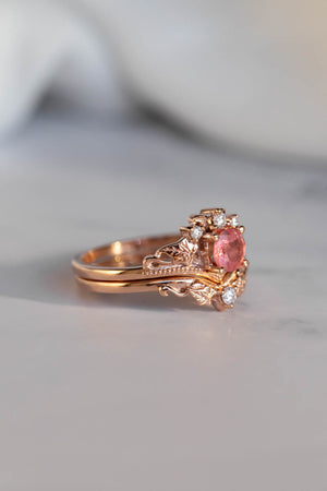 Natural padparadscha colour sapphire bridal ring set, rose gold ivy leaves rings with diamonds / Ariadne - Eden Garden Jewelry™