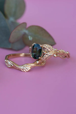 Genuine dark teal sapphire engagement ring, oval cut gemstone gold leaf proposal ring / Cornus - Eden Garden Jewelry™