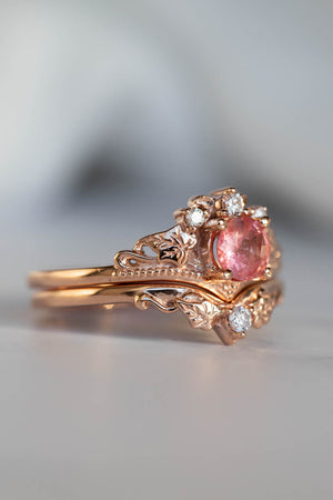Padparadscha sapphire engagement ring, gold leaves and diamonds proposal ring / Ariadne - Eden Garden Jewelry™