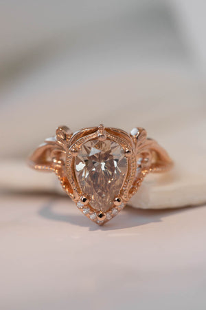 Champagne diamond rose gold engagement ring set, vintage inspired bridal ring set with diamonds / Lida - Eden Garden Jewelry™