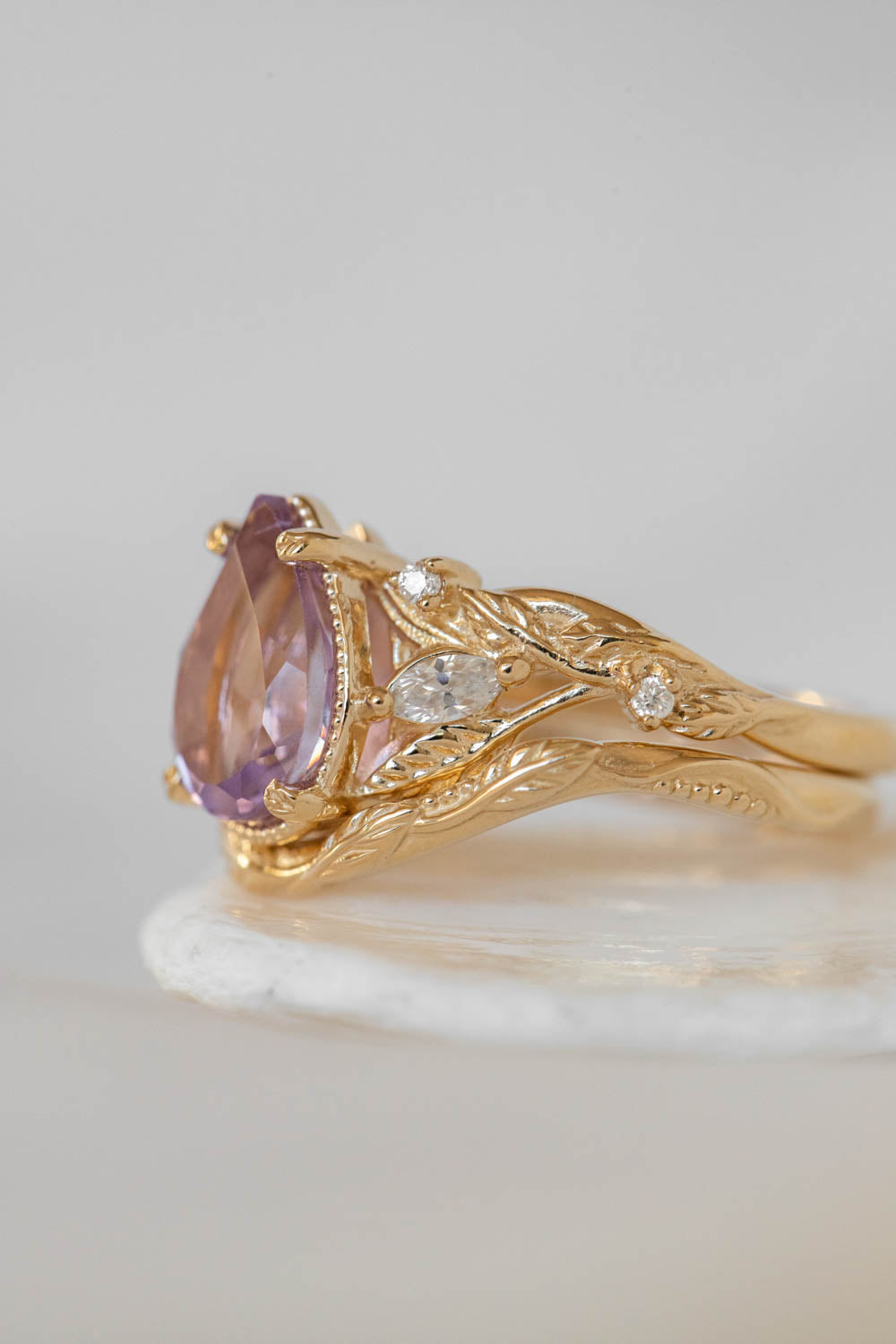 Lavender amethyst nature themed engagement ring, big pear cut gemstone gold ring with diamonds / Patricia - Eden Garden Jewelry™