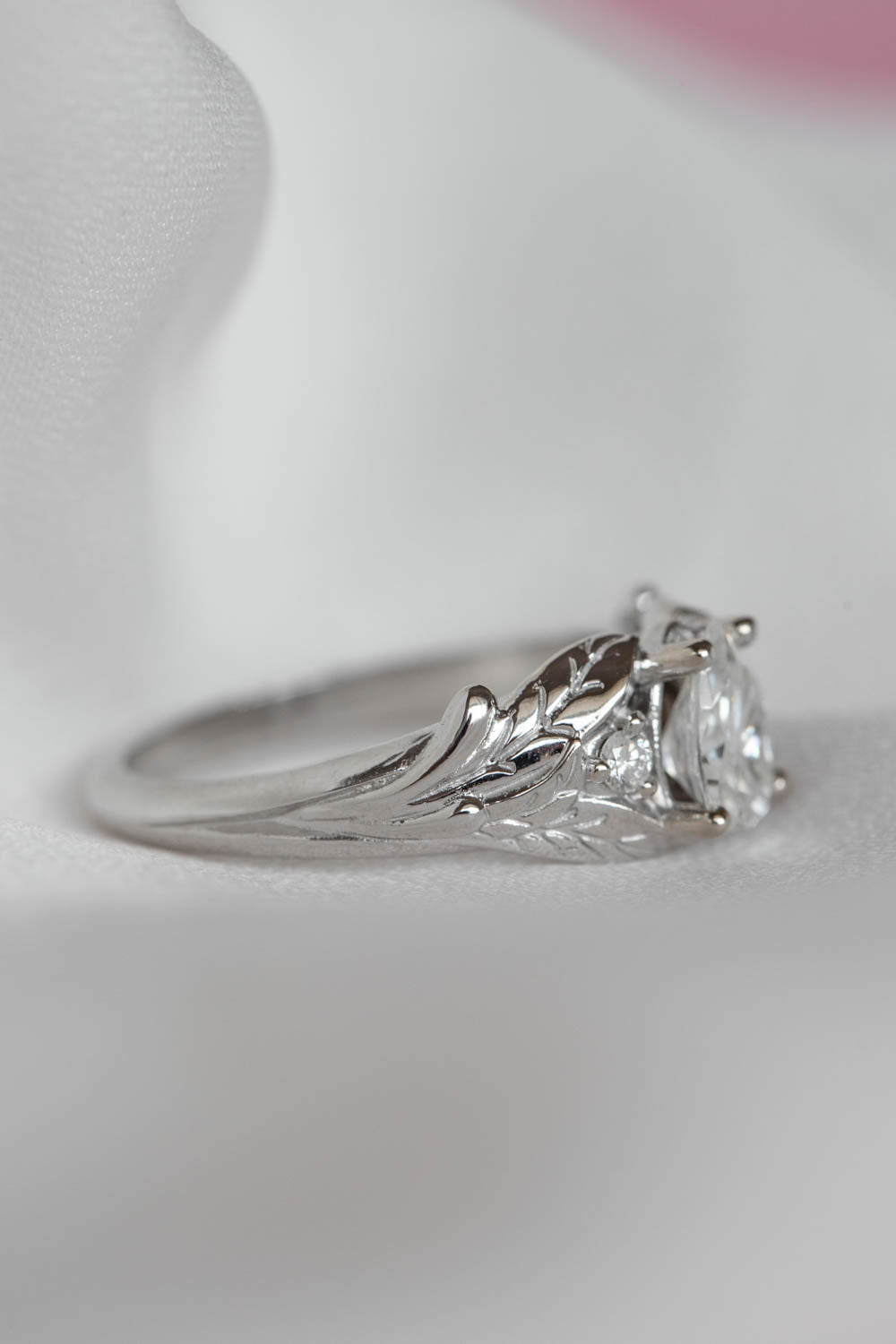 White gold leaf engagement ring with pear cut lab grown diamond and accent diamonds / Wisteria - Eden Garden Jewelry™