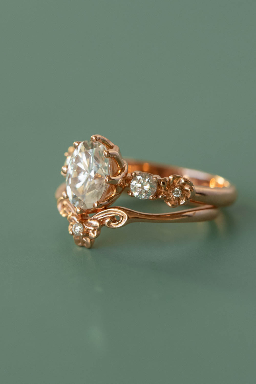 Oval lab grown diamond bridal ring set, floral rose gold engagement ring with diamonds  / Fiorella - Eden Garden Jewelry™