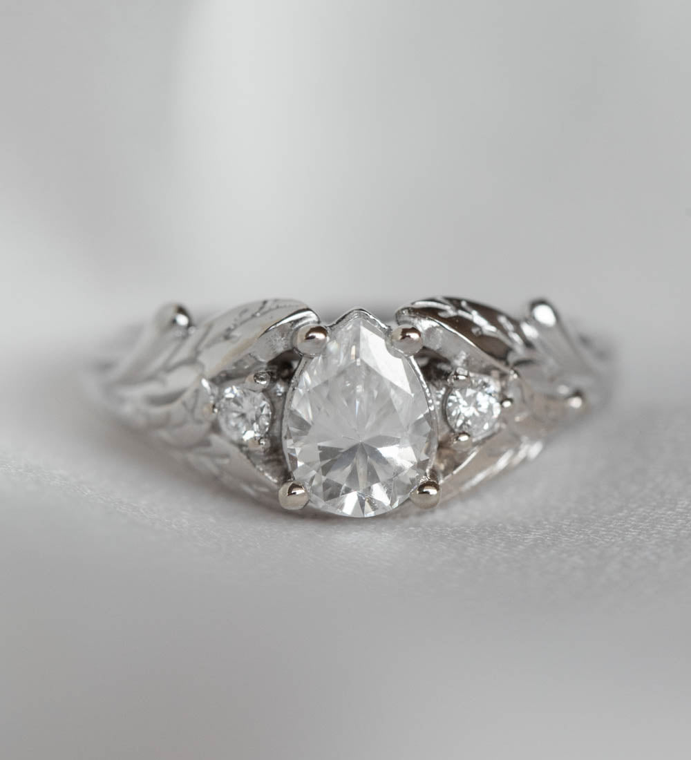 White gold leaf engagement ring with pear cut lab grown diamond and accent diamonds / Wisteria - Eden Garden Jewelry™