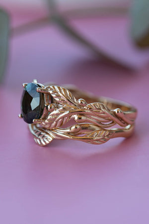 Dark teal sapphire bridal ring set, nature inspired gold engagement ring set / Cornus - Eden Garden Jewelry™