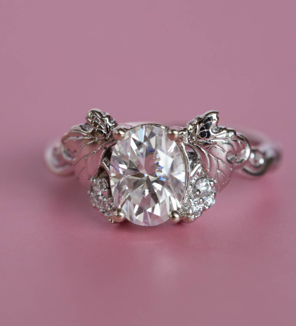 1.1 ct lab grown diamond white gold engagement ring, oval cut nature inspired gold ring / Vineyard - Eden Garden Jewelry™