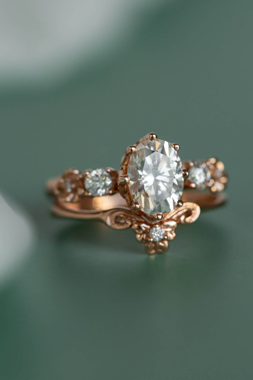 Oval lab grown diamond bridal ring set, floral rose gold engagement ring with diamonds  / Fiorella - Eden Garden Jewelry™