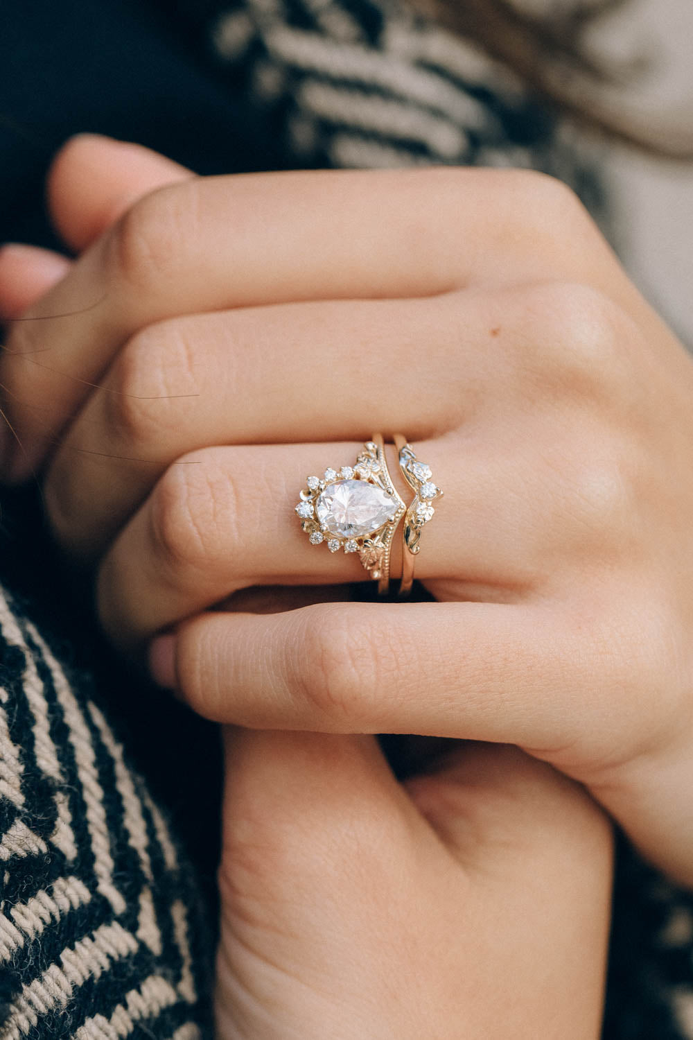 2 carat lab grown diamond bridal ring set, big pear cut ring with diamond crown / Ariadne - Eden Garden Jewelry™